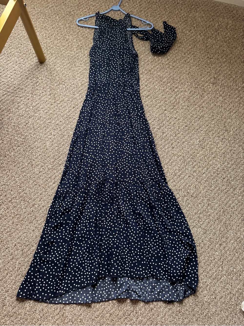 Sleeveless Navy Polka Dot Maxi Dress with tie neck